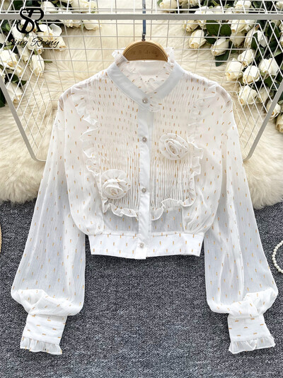 SINGREINY 3D virágos elegáns fényes ing női gomba szélén álló gallér Lámpás ujjak gombok francia őszi alap sifon blúz