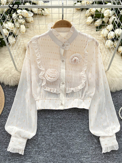 SINGREINY 3D virágos elegáns fényes ing női gomba szélén álló gallér Lámpás ujjak gombok francia őszi alap sifon blúz