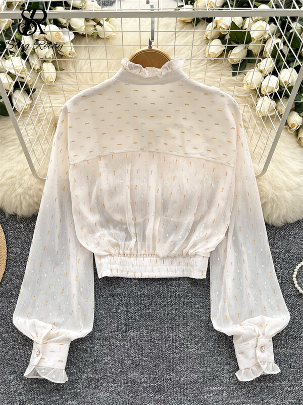 SINGREINY 3D virágos elegáns fényes ing női gomba szélén álló gallér Lámpás ujjak gombok francia őszi alap sifon blúz