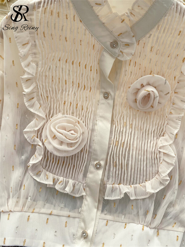 SINGREINY 3D virágos elegáns fényes ing női gomba szélén álló gallér Lámpás ujjak gombok francia őszi alap sifon blúz