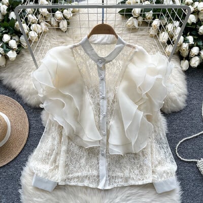 Női kétrészes szettek Elegáns fodros PATCHWORK egysoros, ujjatlan áttetsző divatos Hotsweet magas derekú szoknya szettek