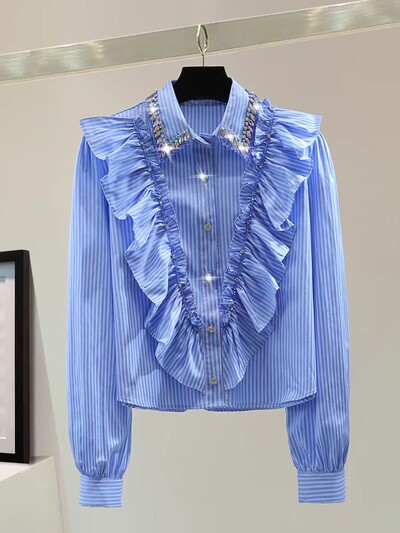Valódi fotó új 2024-ben Őszi gyémántok Stitch Rövid ingek Blúzok Női Hosszú ujjú Gombok Fel Csíkos Fodor felső Blusák