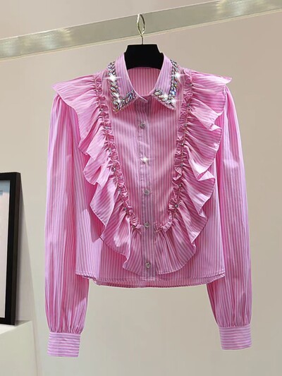 Valódi fotó új 2024-ben Őszi gyémántok Stitch Rövid ingek Blúzok Női Hosszú ujjú Gombok Fel Csíkos Fodor felső Blusák