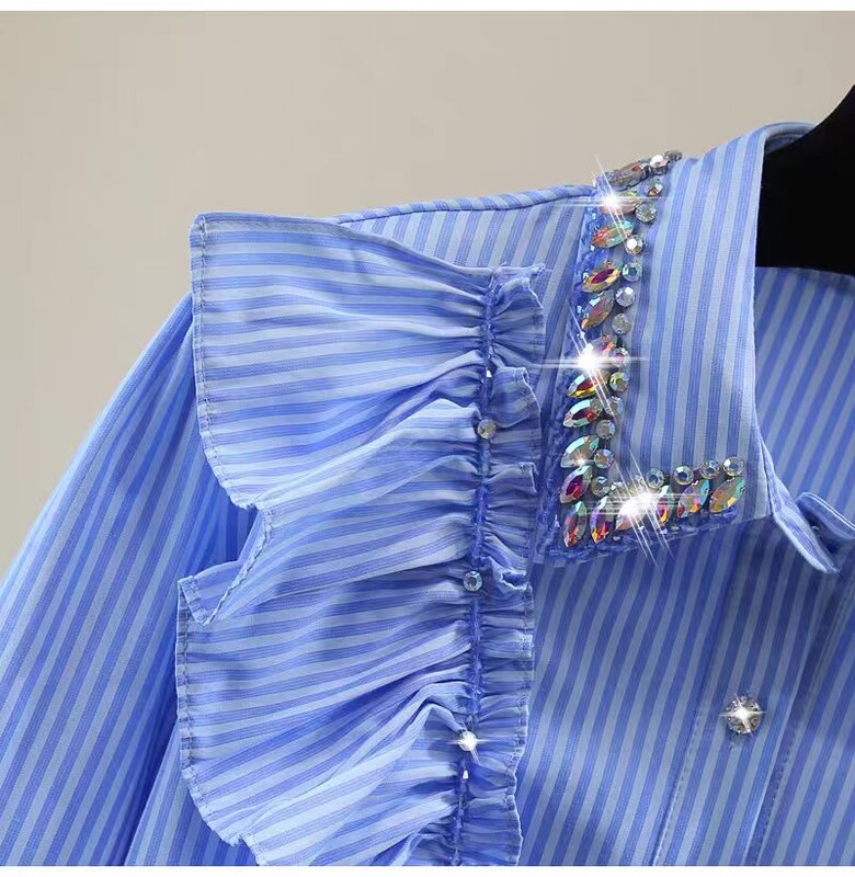 Valódi fotó új 2024-ben Őszi gyémántok Stitch Rövid ingek Blúzok Női Hosszú ujjú Gombok Fel Csíkos Fodor felső Blusák