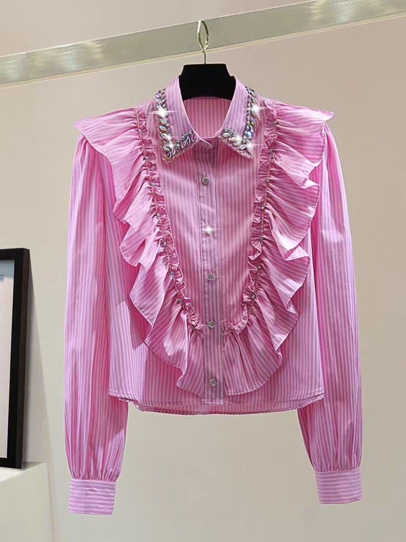 Valódi fotó új 2024-ben Őszi gyémántok Stitch Rövid ingek Blúzok Női Hosszú ujjú Gombok Fel Csíkos Fodor felső Blusák