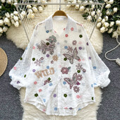 Vintage pillangós flitteres hímzésű, hosszú, puffos ujjú, alkalmi hálós laza alapok koreai divat utcai viselet őszi női blúz