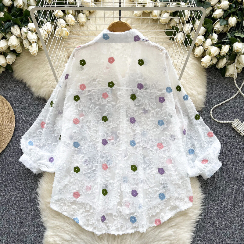 Vintage pillangós flitteres hímzésű, hosszú, puffos ujjú, alkalmi hálós laza alapok koreai divat utcai viselet őszi női blúz