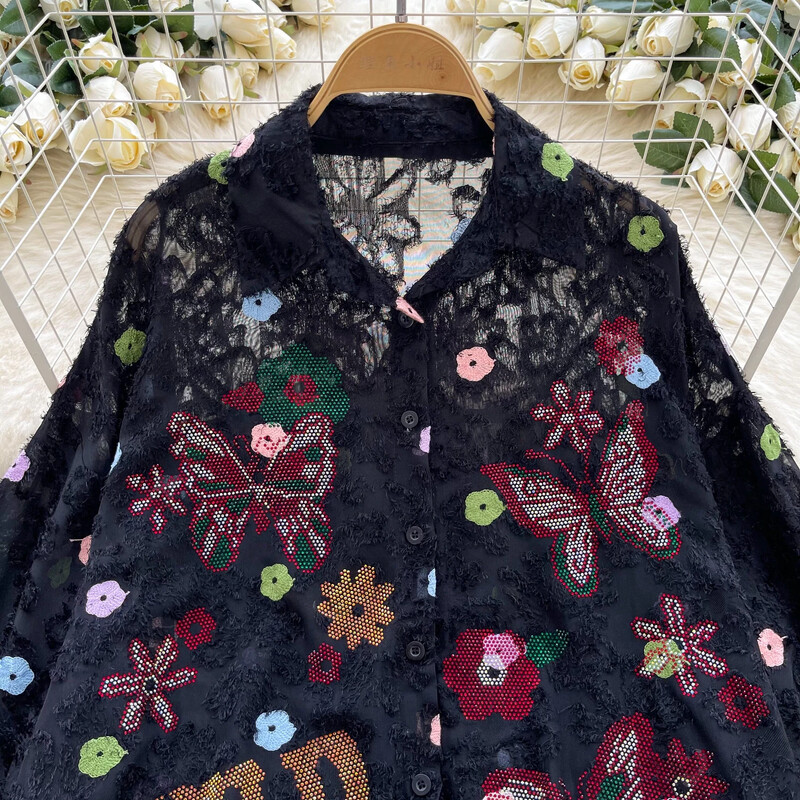 Vintage pillangós flitteres hímzésű, hosszú, puffos ujjú, alkalmi hálós laza alapok koreai divat utcai viselet őszi női blúz