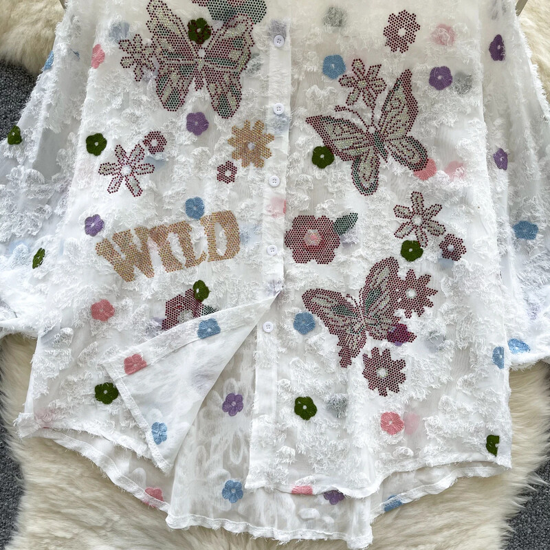 Vintage pillangós flitteres hímzésű, hosszú, puffos ujjú, alkalmi hálós laza alapok koreai divat utcai viselet őszi női blúz