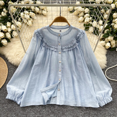 Elegáns, szüreti csipke, toldott lámpás ujjú nyakú, alkalmi, egysoros ing, női alapok High Street blúz