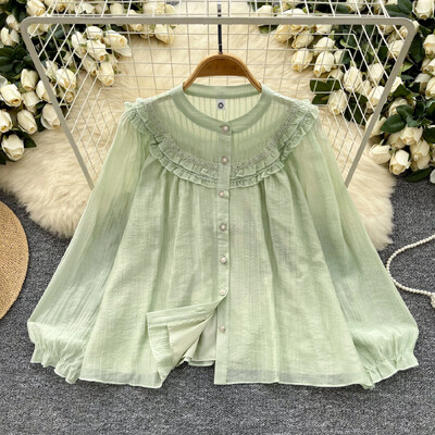 Elegáns, szüreti csipke, toldott lámpás ujjú nyakú, alkalmi, egysoros ing, női alapok High Street blúz