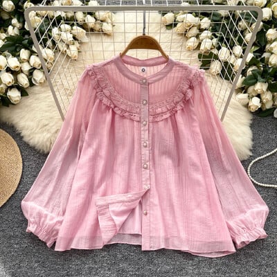 Elegáns, szüreti csipke, toldott lámpás ujjú nyakú, alkalmi, egysoros ing, női alapok High Street blúz