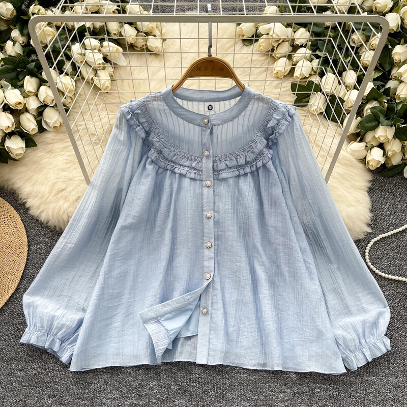 Elegáns, szüreti csipke, toldott lámpás ujjú nyakú, alkalmi, egysoros ing, női alapok High Street blúz