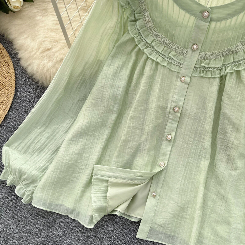 Elegáns, szüreti csipke, toldott lámpás ujjú nyakú, alkalmi, egysoros ing, női alapok High Street blúz