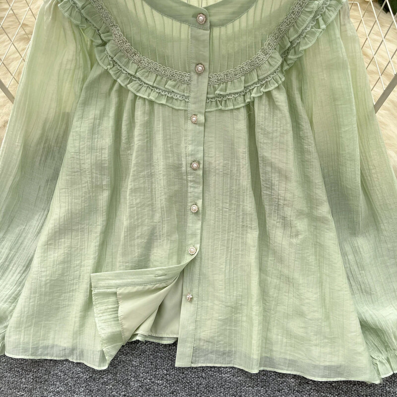 Elegáns, szüreti csipke, toldott lámpás ujjú nyakú, alkalmi, egysoros ing, női alapok High Street blúz