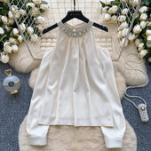 Elegáns vintage O-nyakú, szexi hosszú ujjú, alkalmi strasszos ing, bő női karcsú alapok High Street utcai ruházati blúz