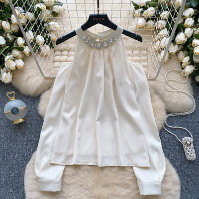 Elegantná vintage blúzka s dlhým rukávom a kamienkami s odhalenými ramenami, voľná, slim, základná, uličná, streetwear