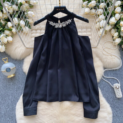 Elegáns vintage O-nyakú, szexi hosszú ujjú, alkalmi strasszos ing, bő női karcsú alapok High Street utcai ruházati blúz