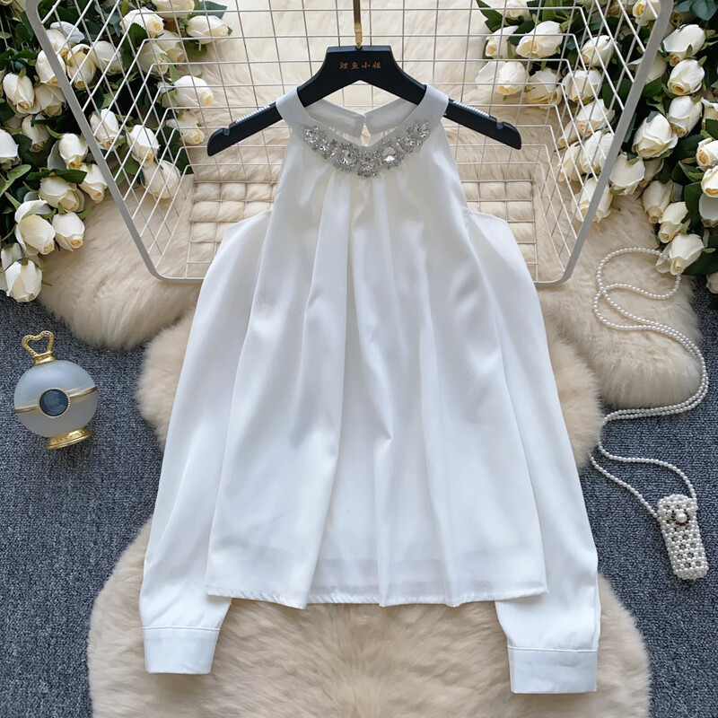 Elegáns vintage O-nyakú, szexi hosszú ujjú, alkalmi strasszos ing, bő női karcsú alapok High Street utcai ruházati blúz