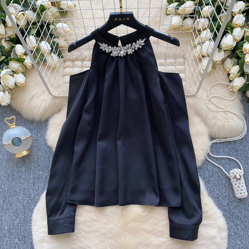 Elegáns vintage O-nyakú, szexi hosszú ujjú, alkalmi strasszos ing, bő női karcsú alapok High Street utcai ruházati blúz