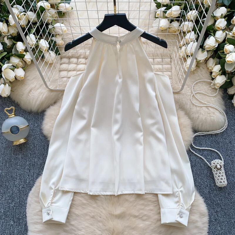 Elegáns vintage O-nyakú, szexi hosszú ujjú, alkalmi strasszos ing, bő női karcsú alapok High Street utcai ruházati blúz