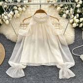 Vintage modes uzliesmojoša piedurkne ar pleciem ikdienišķa pērļošana no pleciem, seksīga korejiešu slaida pamata sieviešu Harajuku ielas apģērba blūze