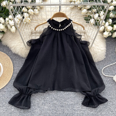 Vintage modes uzliesmojoša piedurkne ar pleciem ikdienišķa pērļošana no pleciem, seksīga korejiešu slaida pamata sieviešu Harajuku ielas apģērba blūze