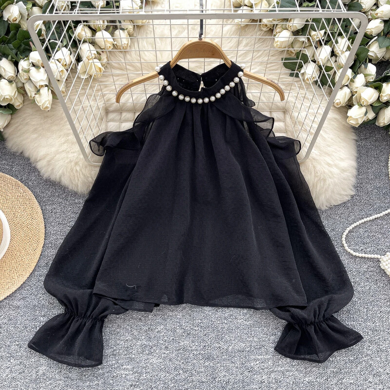 Vintage modes uzliesmojoša piedurkne ar pleciem ikdienišķa pērļošana no pleciem, seksīga korejiešu slaida pamata sieviešu Harajuku ielas apģērba blūze