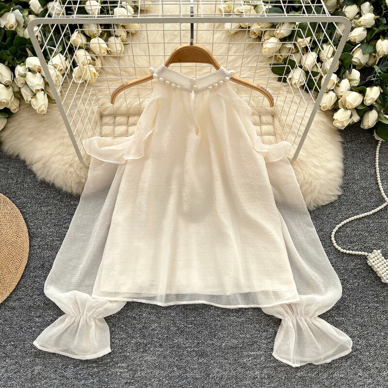 Vintage modes uzliesmojoša piedurkne ar pleciem ikdienišķa pērļošana no pleciem, seksīga korejiešu slaida pamata sieviešu Harajuku ielas apģērba blūze