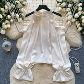 Elegants vintage O veida kakla izgriezums, seksīga ar garām piedurknēm, ikdienišķs volānveida krekls slaids sieviešu pamati High Street ielas apģērba blūze