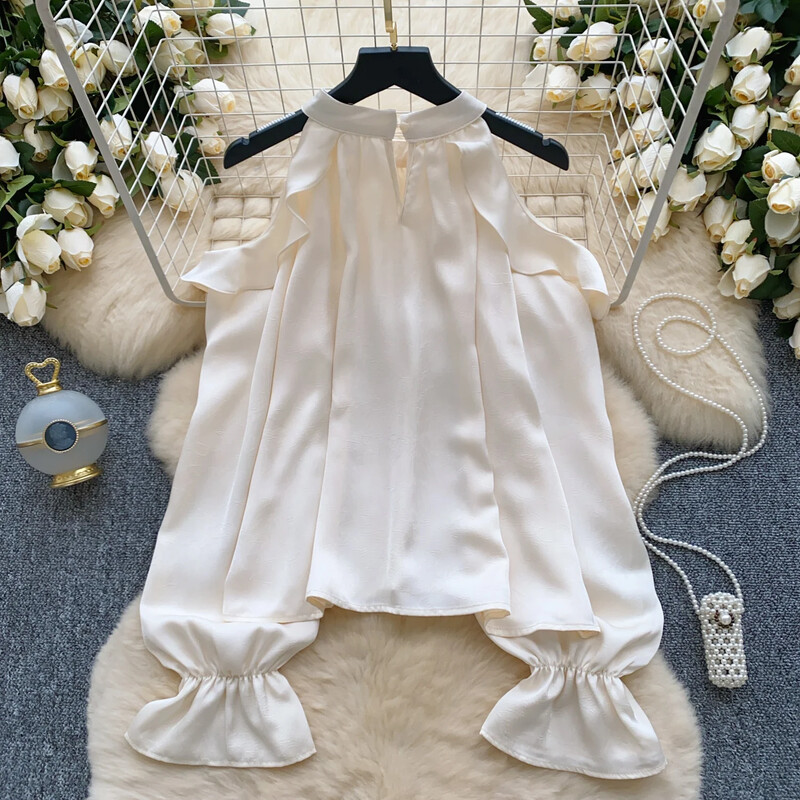 Elegants vintage O veida kakla izgriezums, seksīga ar garām piedurknēm, ikdienišķs volānveida krekls slaids sieviešu pamati High Street ielas apģērba blūze