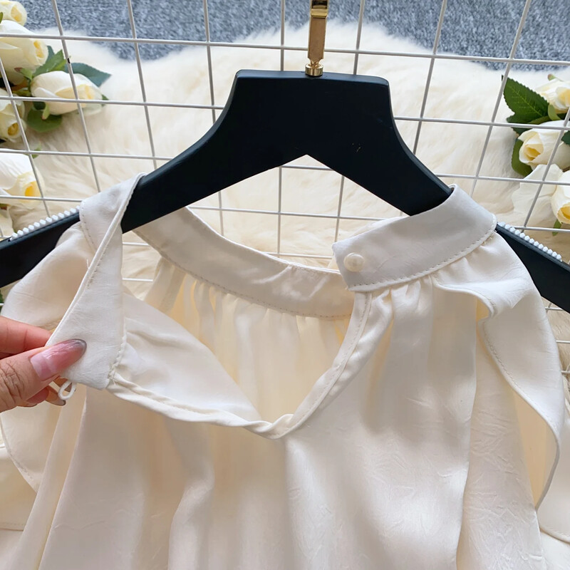 Elegants vintage O veida kakla izgriezums, seksīga ar garām piedurknēm, ikdienišķs volānveida krekls slaids sieviešu pamati High Street ielas apģērba blūze