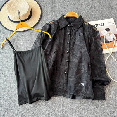 Κομψά γυναικεία σετ δύο τεμαχίων με μακριά φανάρια μπλούζα με μονό στήθος και λεπτές τιράντες Sexy Camis Top Κορεάτικα φθινοπωρινά ρούχα