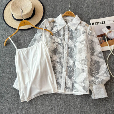 Κομψά γυναικεία σετ δύο τεμαχίων με μακριά φανάρια μπλούζα με μονό στήθος και λεπτές τιράντες Sexy Camis Top Κορεάτικα φθινοπωρινά ρούχα