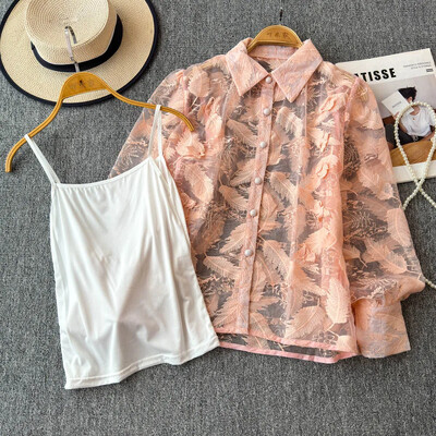 Κομψά γυναικεία σετ δύο τεμαχίων με μακριά φανάρια μπλούζα με μονό στήθος και λεπτές τιράντες Sexy Camis Top Κορεάτικα φθινοπωρινά ρούχα