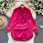 Elegáns pólónyakú, hosszú ujjú női vintage aszimmetrikus redős gombok bő felső koreai utcai ruházat High Street őszi ruházat