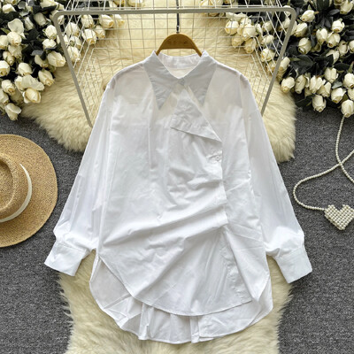 Elegáns pólónyakú, hosszú ujjú női vintage aszimmetrikus redős gombok bő felső koreai utcai ruházat High Street őszi ruházat