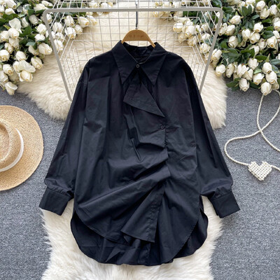 Elegáns pólónyakú, hosszú ujjú női vintage aszimmetrikus redős gombok bő felső koreai utcai ruházat High Street őszi ruházat