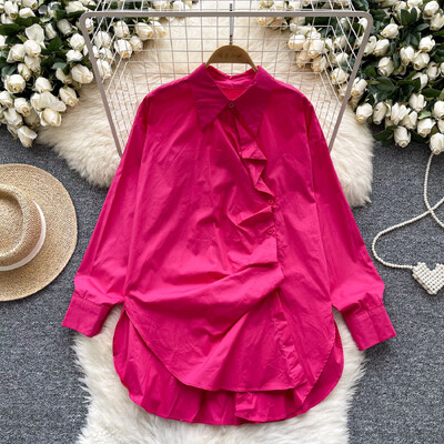 Elegáns pólónyakú, hosszú ujjú női vintage aszimmetrikus redős gombok bő felső koreai utcai ruházat High Street őszi ruházat