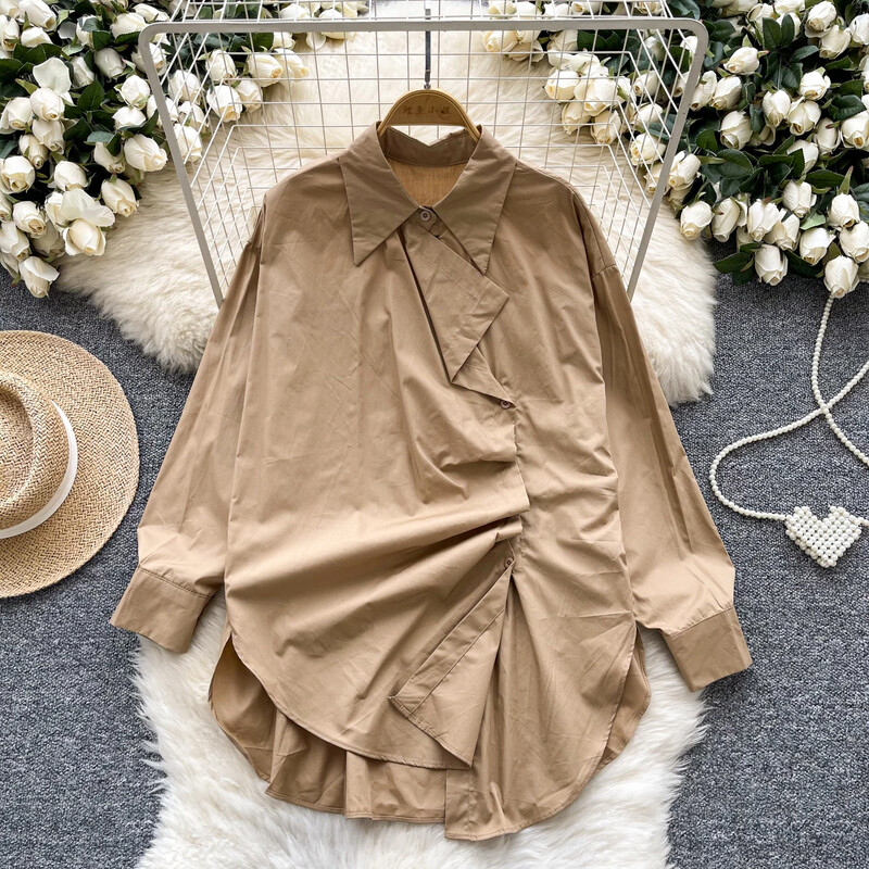 Elegáns pólónyakú, hosszú ujjú női vintage aszimmetrikus redős gombok bő felső koreai utcai ruházat High Street őszi ruházat