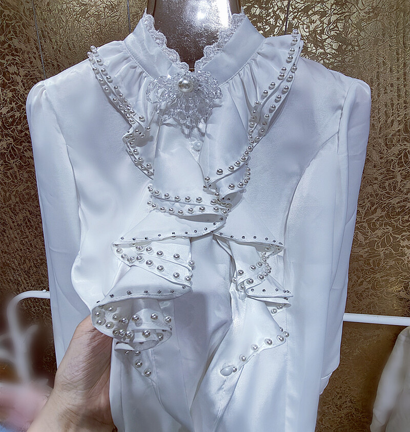 Camisas De Mujer női gyöngyös fodros ingek és blúzok női 2024 tavaszi hosszú ujjú, egysoros fehér felsők Blusák