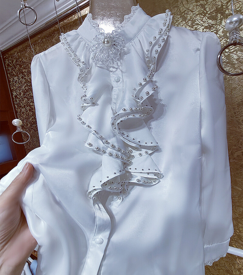 Camisas De Mujer női gyöngyös fodros ingek és blúzok női 2024 tavaszi hosszú ujjú, egysoros fehér felsők Blusák