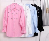 Νέο 2024 Φθινοπωρινά Διαμάντια Κέντημα Βαμβακερά πουκάμισα Γυναικεία Μακρυμάνικα Φαρδιά Casual Μπλούζες με μονό στήθος Γυναικεία τοπ μπλούζα