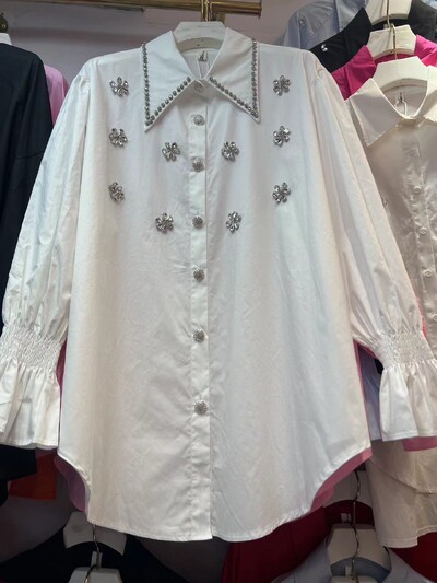 Νέο 2024 Φθινοπωρινά Διαμάντια Κέντημα Βαμβακερά πουκάμισα Γυναικεία Μακρυμάνικα Φαρδιά Casual Μπλούζες με μονό στήθος Γυναικεία τοπ μπλούζα