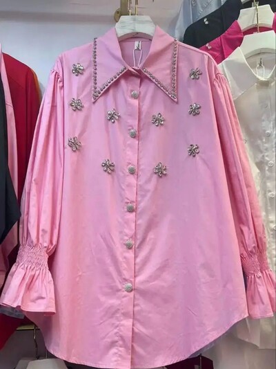 Νέο 2024 Φθινοπωρινά Διαμάντια Κέντημα Βαμβακερά πουκάμισα Γυναικεία Μακρυμάνικα Φαρδιά Casual Μπλούζες με μονό στήθος Γυναικεία τοπ μπλούζα