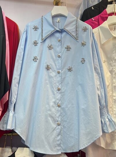 Νέο 2024 Φθινοπωρινά Διαμάντια Κέντημα Βαμβακερά πουκάμισα Γυναικεία Μακρυμάνικα Φαρδιά Casual Μπλούζες με μονό στήθος Γυναικεία τοπ μπλούζα