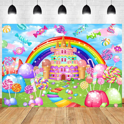 Candy Land Rajzfilm Téma Fényképezés Baba Születésnapi Party Dekoráció Gyermekportré Fénykép Háttér Dekoráció Banner Fotóhívás
