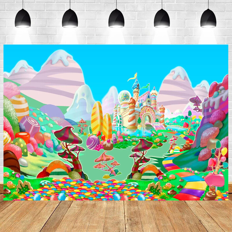 Candy Land Rajzfilm Téma Fényképezés Baba Születésnapi Party Dekoráció Gyermekportré Fénykép Háttér Dekoráció Banner Fotóhívás