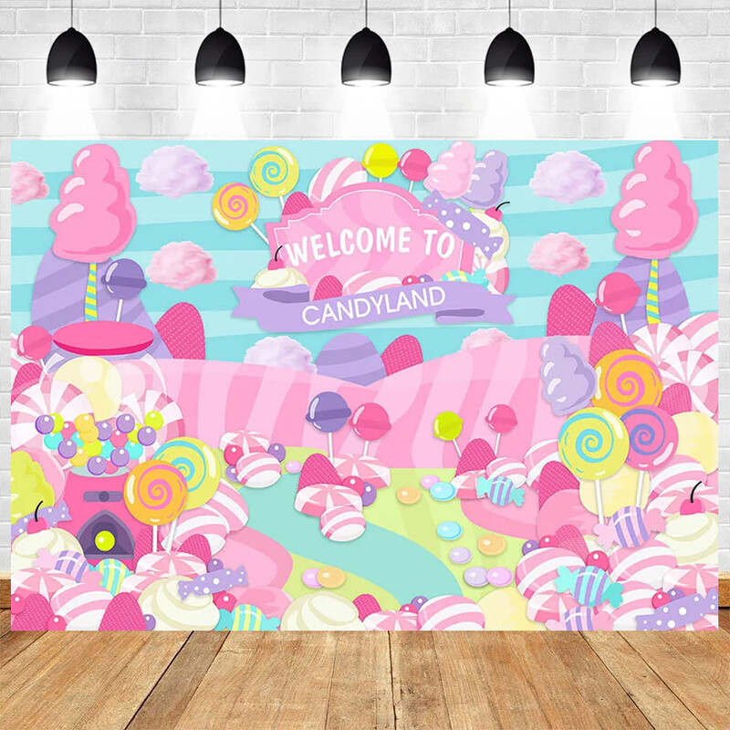 Candy Land Rajzfilm Téma Fényképezés Baba Születésnapi Party Dekoráció Gyermekportré Fénykép Háttér Dekoráció Banner Fotóhívás