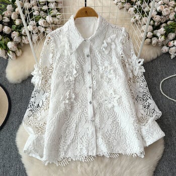 EWQ Simplicity Lace Spliced Shirt For Women Многофункционална яка с ревер яка с фенерски ръкав Ежедневни топове Дрехи 2024 Лято Ново 27X308